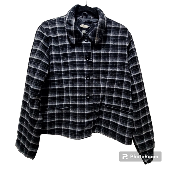 Vintage Old Navy Large Plaid Black Gray Wool Blend Blazer - Picture 1 of 6